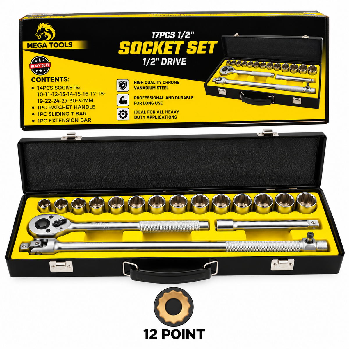 Megatools M17SSMF Socket Wrench Set 17pcs 1/2" Drive (Mirror Finish) – 6-Point / 12-Point