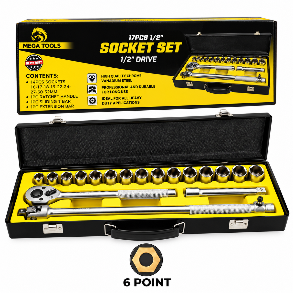 Megatools M17SSMF Socket Wrench Set 17pcs 1/2" Drive (Mirror Finish) – 6-Point / 12-Point