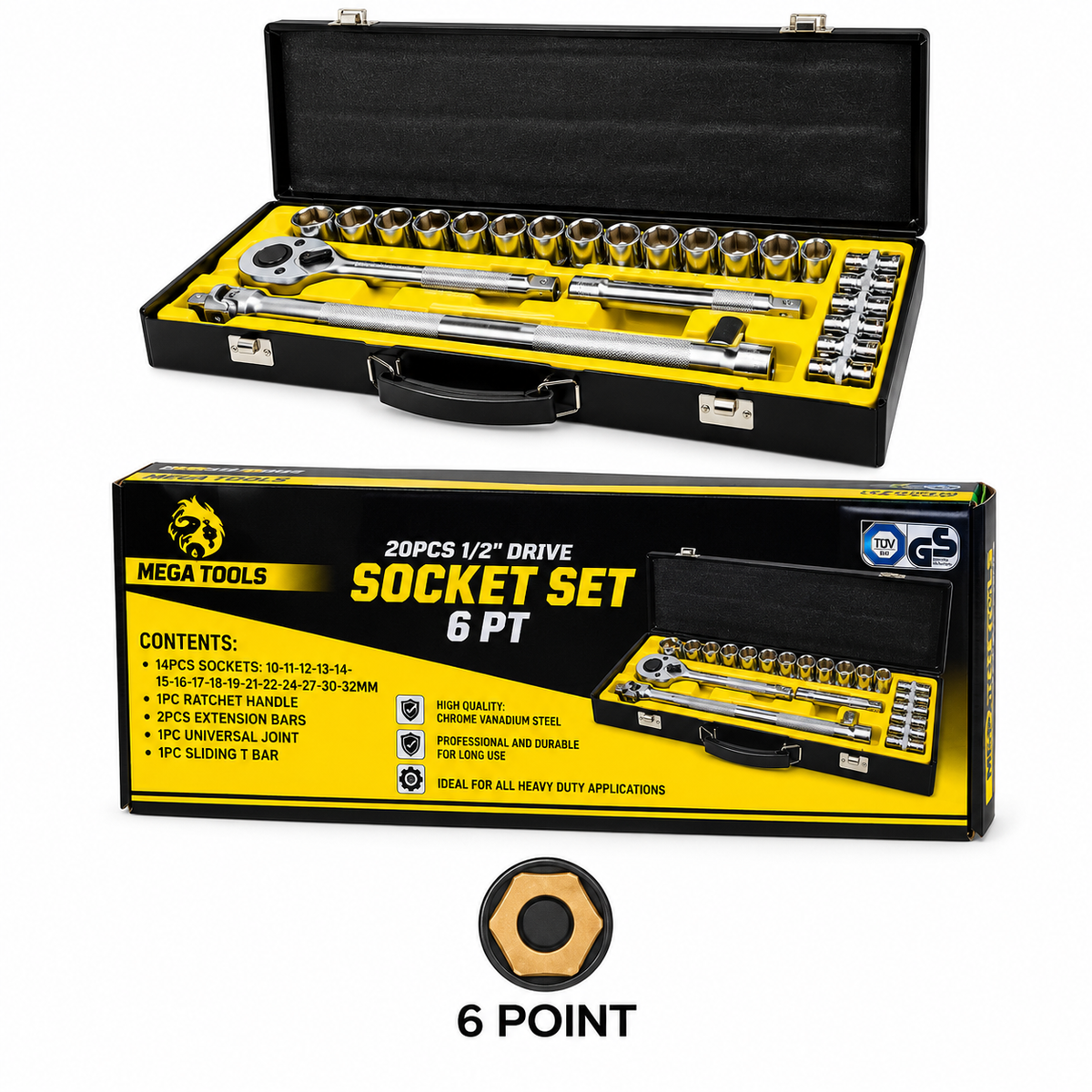 Megatools M25SSMF6 Socket Wrench Set 25pcs 1/2" Drive 6pts (Mirror Finish)