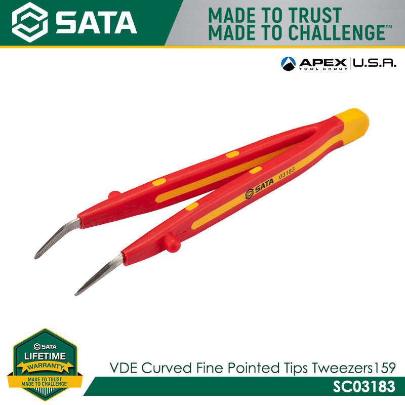 Sata SC03183 VDE Curved Fine Pointed Tips Tweezers 159mm