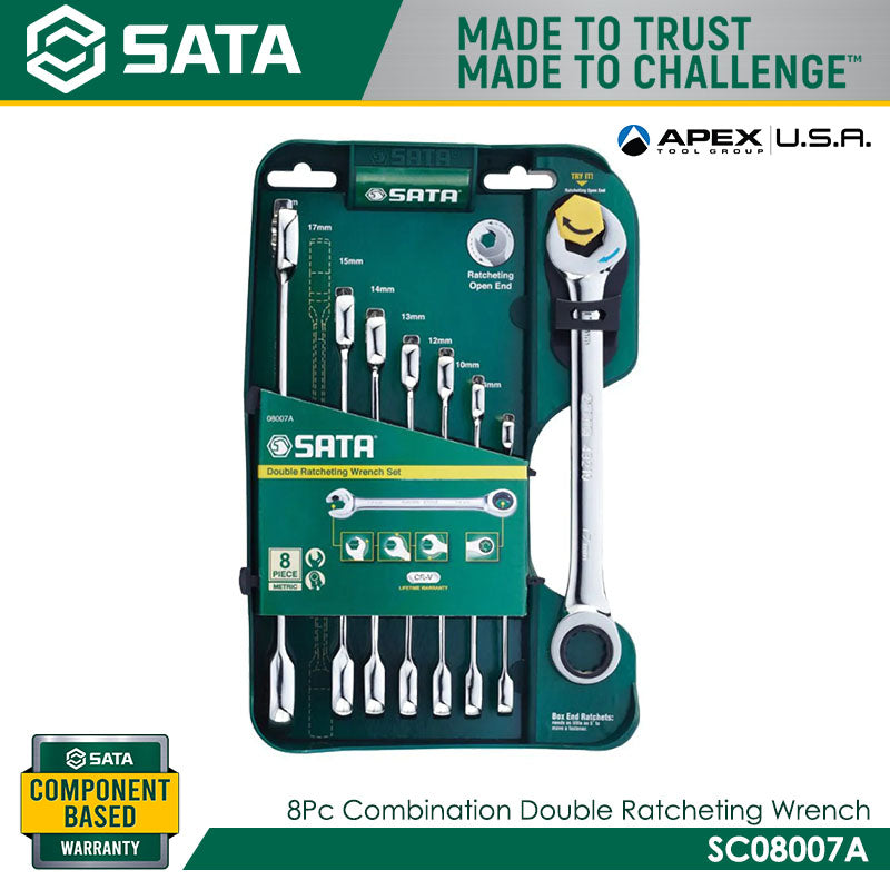 Sata SC08007A 8Pc Combination Double Ratcheting Wrench Set 8-19mm