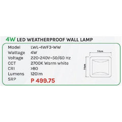 Omni 4W LED Weatherproof Wall Lamp Light (LWL-4WF3-WW) - KHM Megatools Corp.