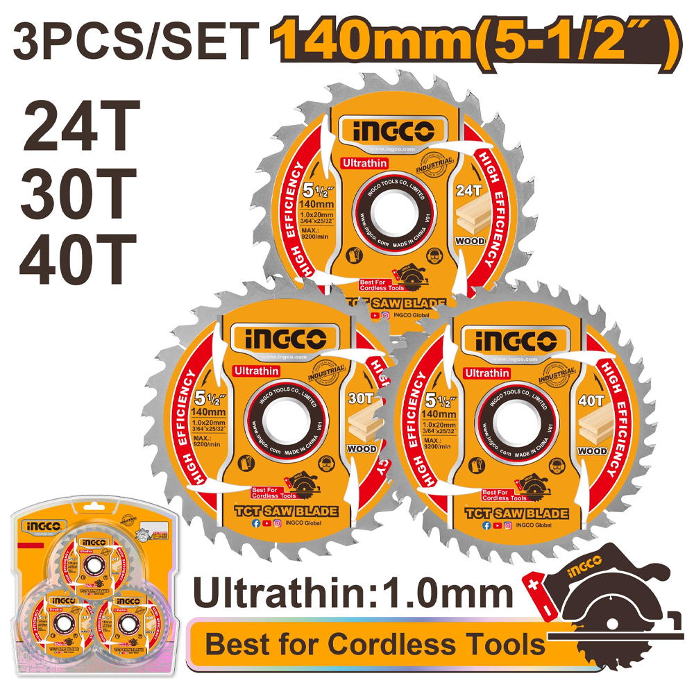 Ingco TSB4003 TCT Circular Saw Blade for Wood Set 5-1/2" 3Pcs (Ultra-Thin) Secondary image