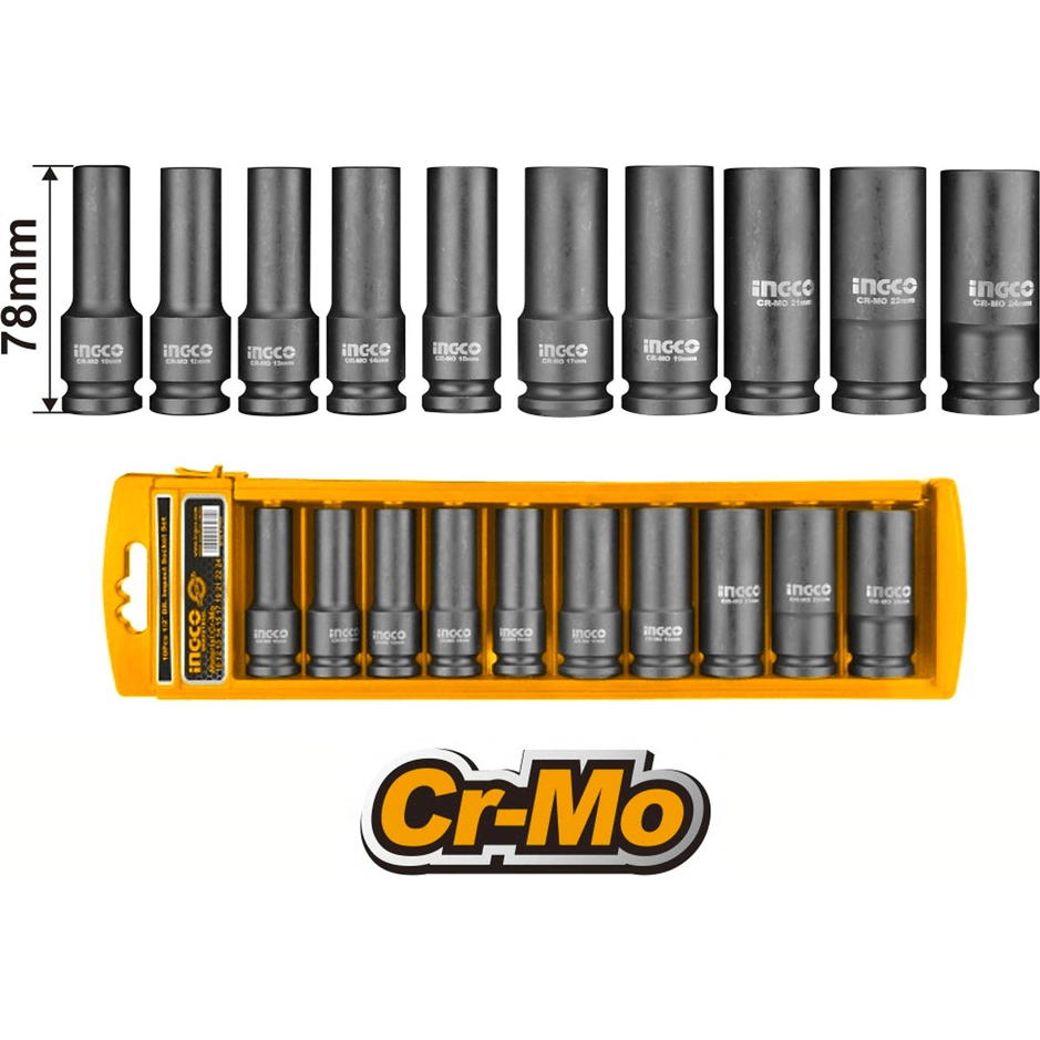 Ingco HKISSD12102L 10pcs 1/2" Deep Impact Socket Wrench 1/2" Drive - KHM Megatools Corp. Main image