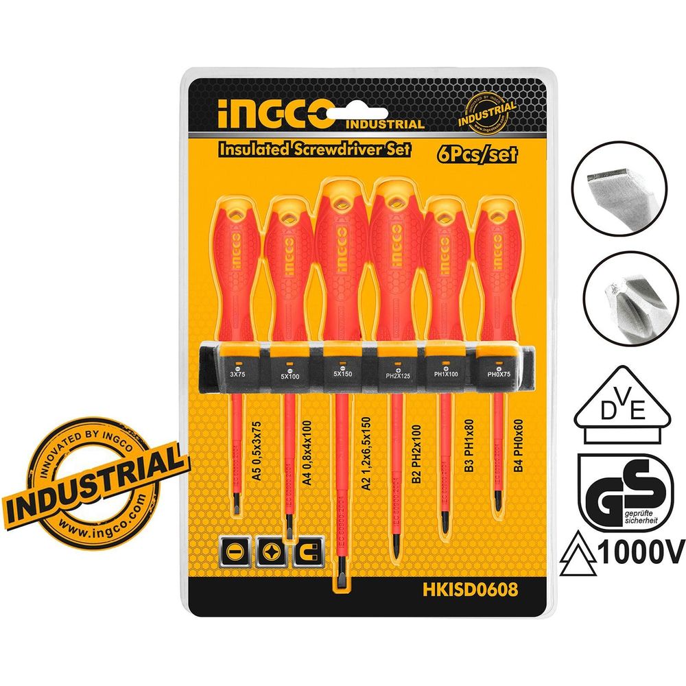 Ingco HKISD0608 Insulated 6pcs Screwdriver Set (Round Shank) 1000V - KHM Megatools Corp.