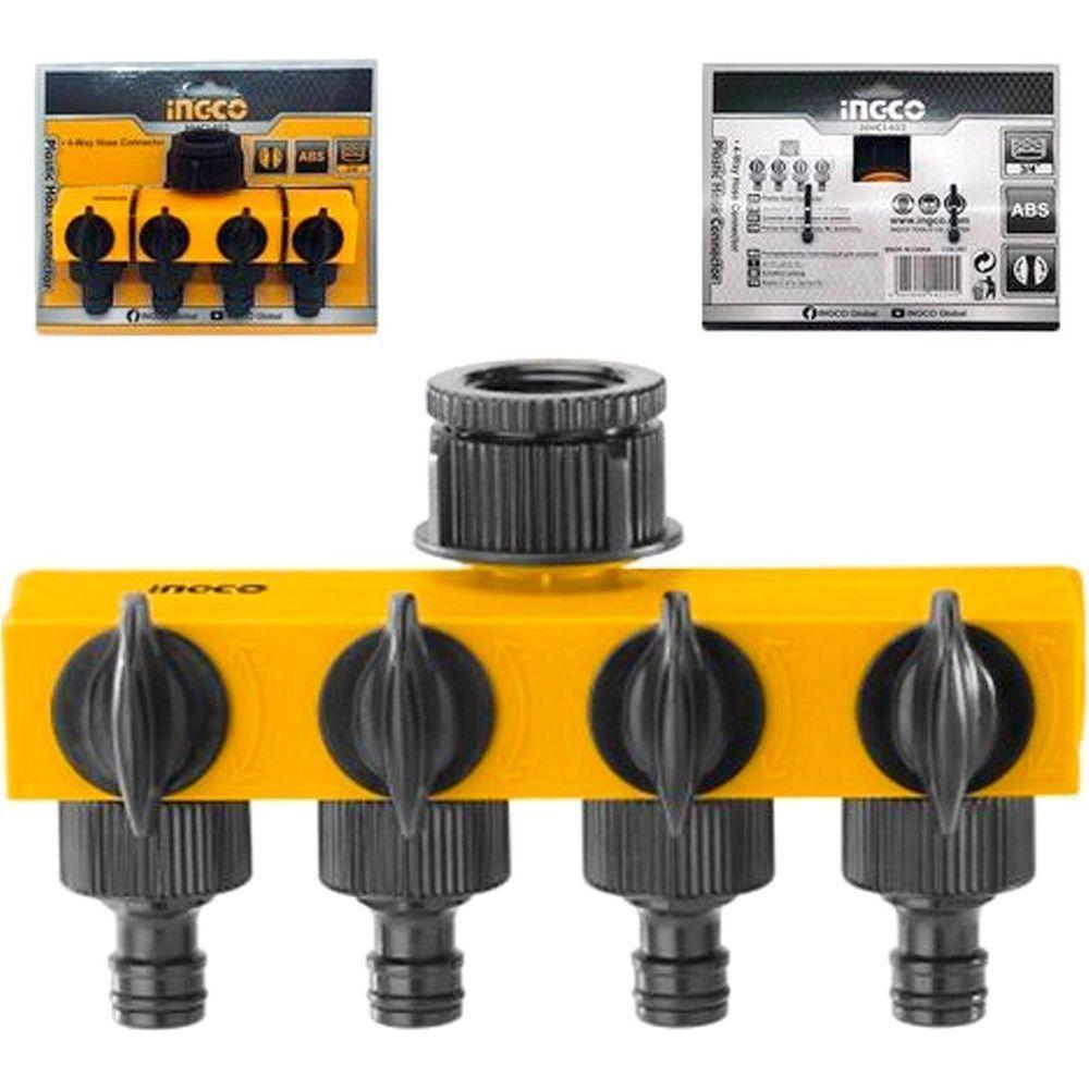 Ingco HHC1402 4-Way Plastic Hose Connector with Shut-off and Swivel Nut 1"-3/4" Reducer - KHM Megatools Corp. Main image