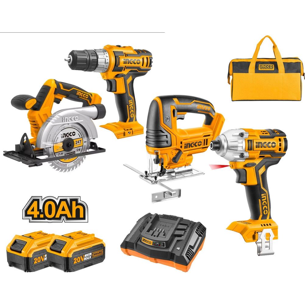 Ingco CKLI2010 20V Li-Ion Cordless 4pcs Combo Kit Drill,Driver,JIgsaw, Circular Saw - KHM Megatools Corp.