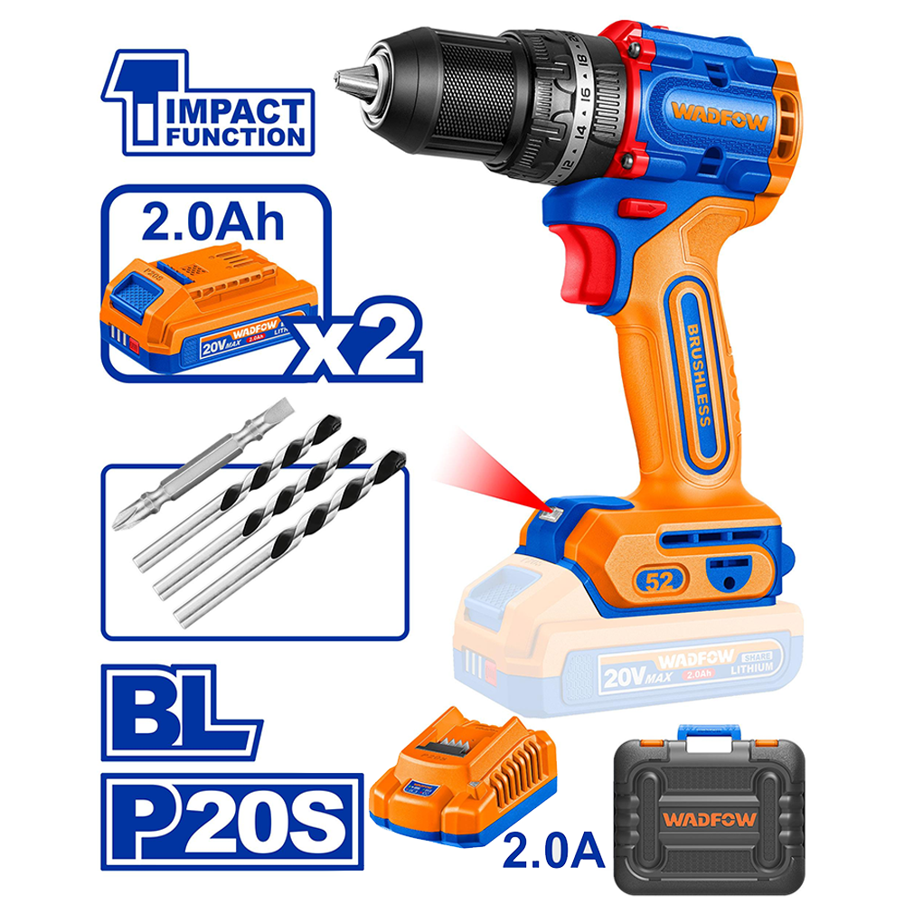 Wadfow WCDP5281 Cordless Impact Drill 20V 52nm - ToolsSavvy.ph