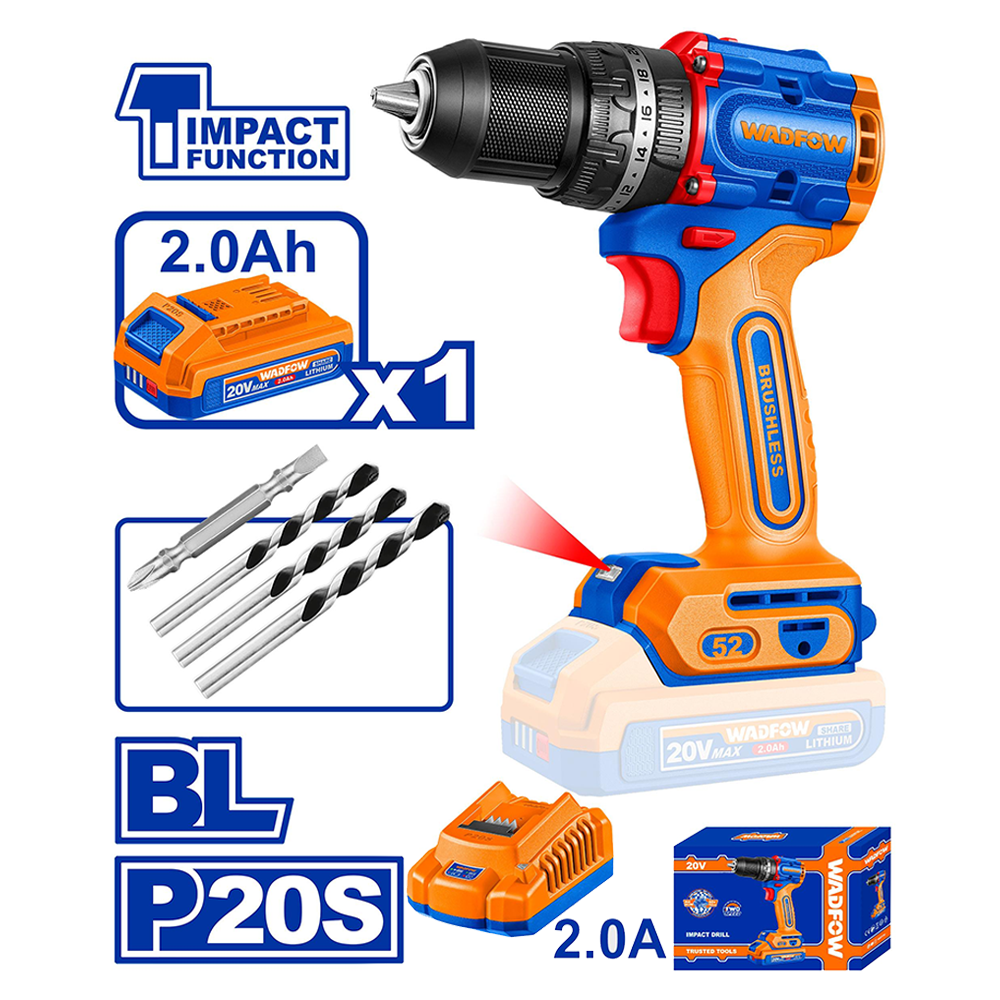 Wadfow WCDP5282 Cordless Impact Drill 20V 52nm - ToolsSavvy.ph