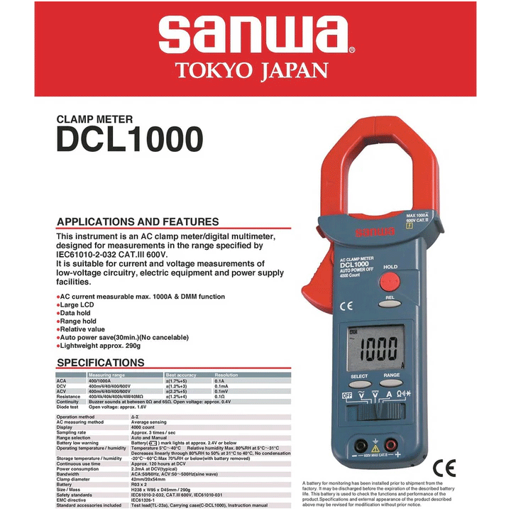 Sanwa DCL1000 Digital Clamp Multi Meter / Tester AC