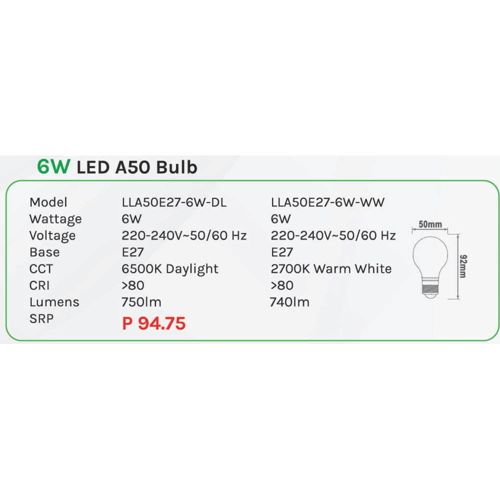 Omni 6W LED A50 Light Bulb E27 - KHM Megatools Corp.