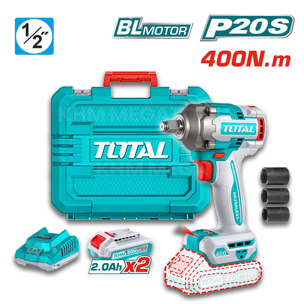 Total TIWLI2040 Brushless Cordless Impact Wrench 20V 400N.m (Kit) - ToolsSavvy.ph