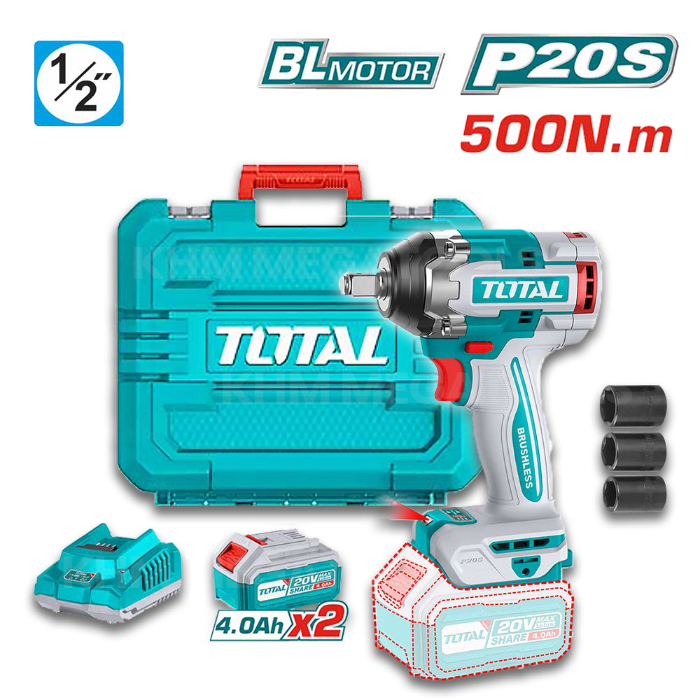 Total TIWLI2050 Brushless Cordless Impact Wrench 20V 500N.m (Kit) - ToolsSavvy.ph