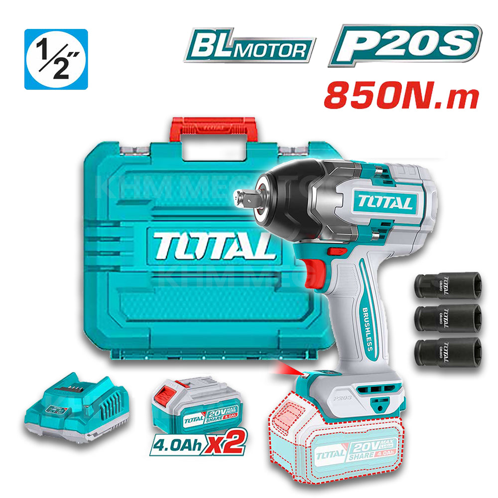 Total TIWLI2085 Brushless Cordless Impact Wrench 20V 850N.m (Kit) - ToolsSavvy.ph