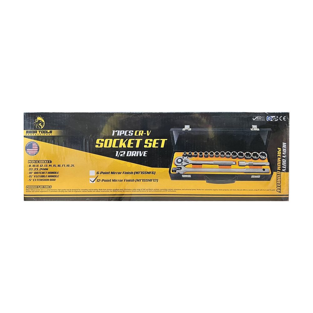 Megatools M17SSMF12 Socket Wrench Set 17pcs 1/2" Drive 12pts (Mirror Finish) | Mega Tools by KHM Megatools Corp.