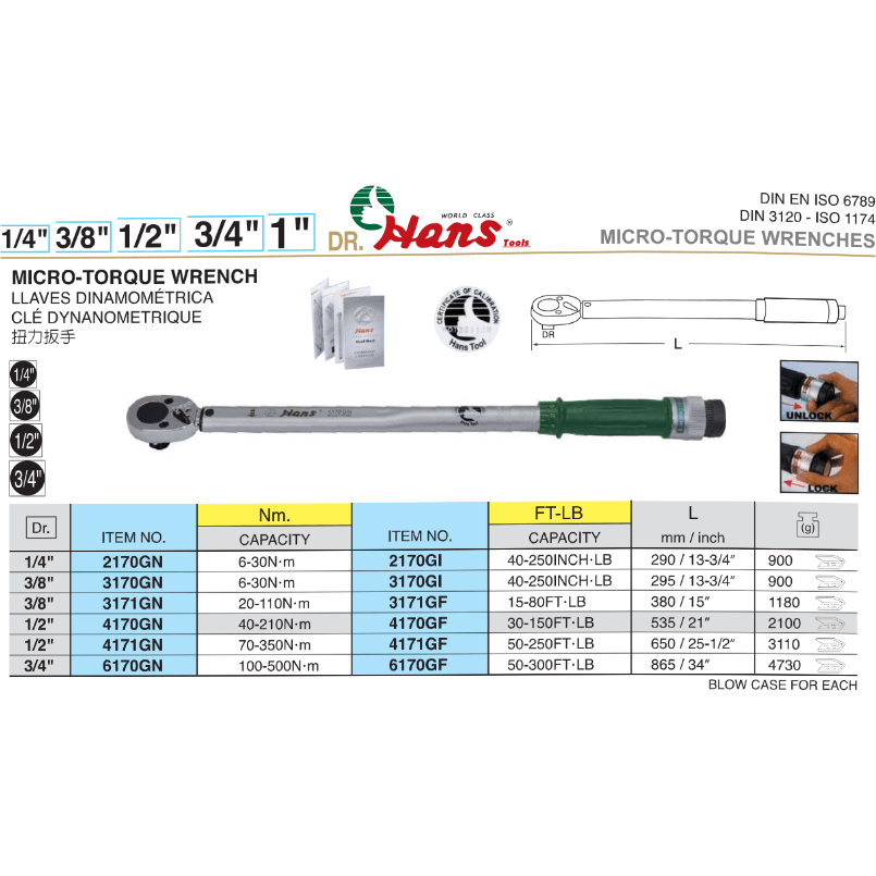 Hans 3170GI Micro Click Torque Wrench 3/8" Drive x 40-250 in.lb. / 14" Secondary image