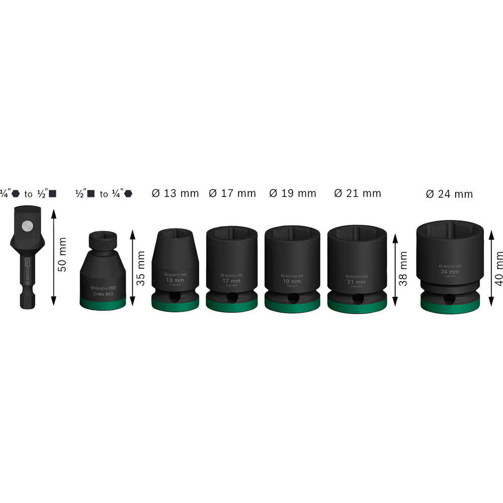 Bosch PRO Impact Socket Wrench 1/2" Drive Standard 7Pcs with 1/4" Adapter (2608003032) | Bosch by KHM Megatools Corp.