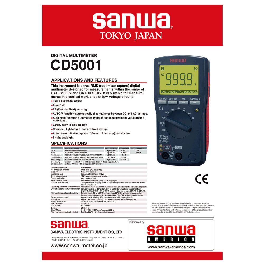 Sanwa CD5001 Digital Multimeter with True RMS and EF Sensing