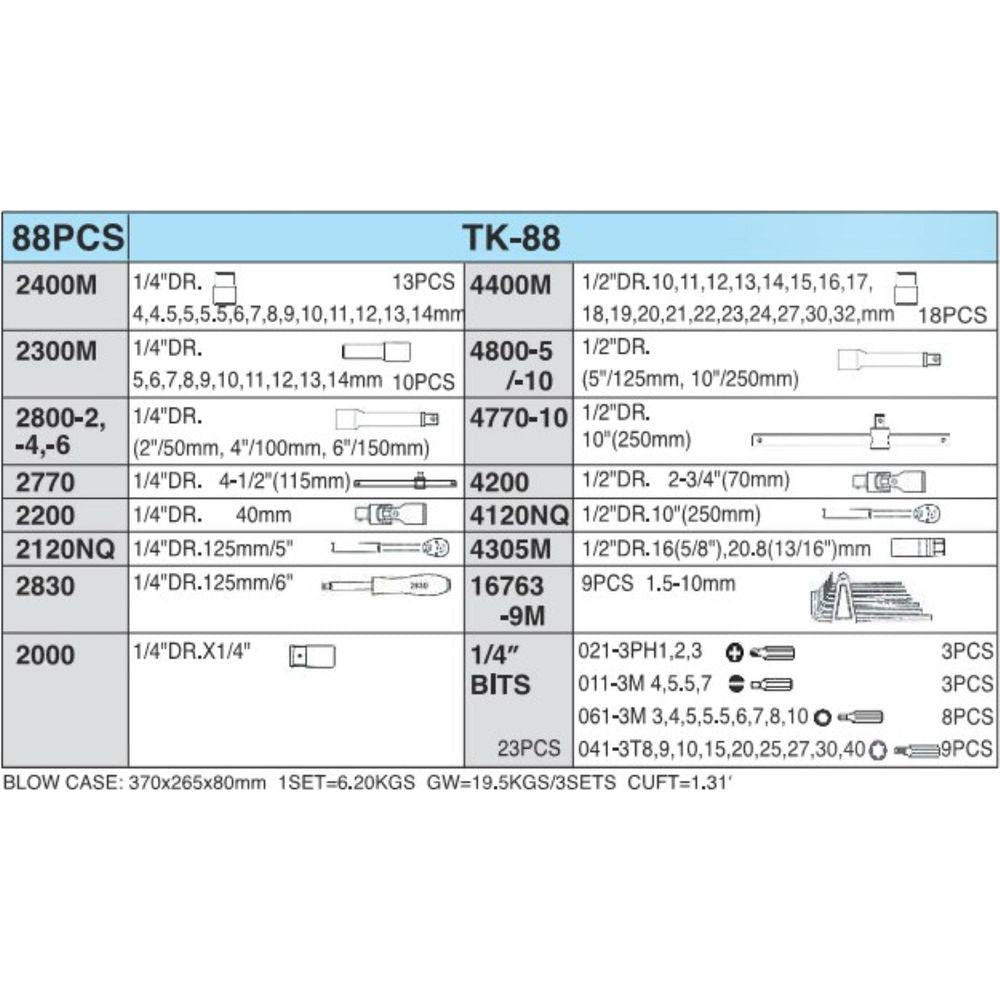 Hans TK-88 88pcs Socket Wrench and Hand Tools Set (1/4" & 1/" DR) | Hans by KHM Megatools Corp.