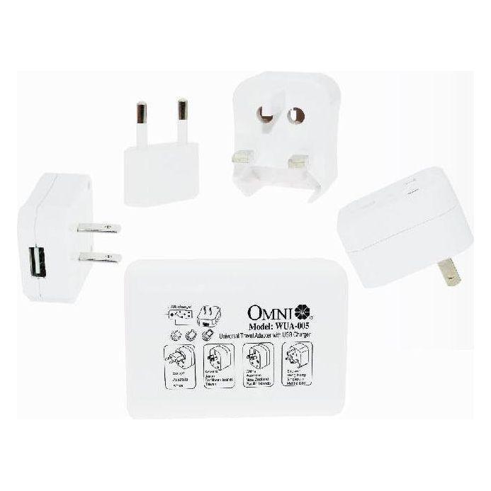 Omni WUA-005-PK Universal Travel Adapter with USB Outlet 3A 250V | Omni by KHM Megatools Corp. Main image